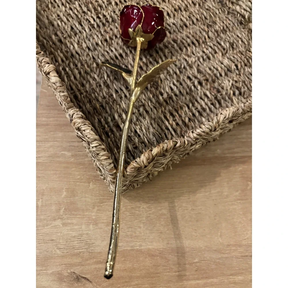 24k Gold Dipped Real Rose Red Lacquer Preserved Long Stem Gold Trim Ornament